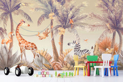 Tapet personalizat jungla amazoniana pentru copii cu palmieri bananieri aurii agave zebre maimute girafe flamingo papagali si pasari tropicale in nuante calde aurii si albastre golden amazon