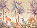 Tapet personalizat jungla amazoniana pentru copii cu palmieri bananieri aurii agave zebre maimute girafe flamingo papagali si pasari tropicale in nuante calde aurii si albastre golden amazon