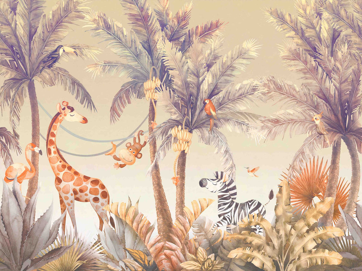 Tapet personalizat jungla amazoniana pentru copii cu palmieri bananieri aurii agave zebre maimute girafe flamingo papagali si pasari tropicale in nuante calde aurii si albastre golden amazon
