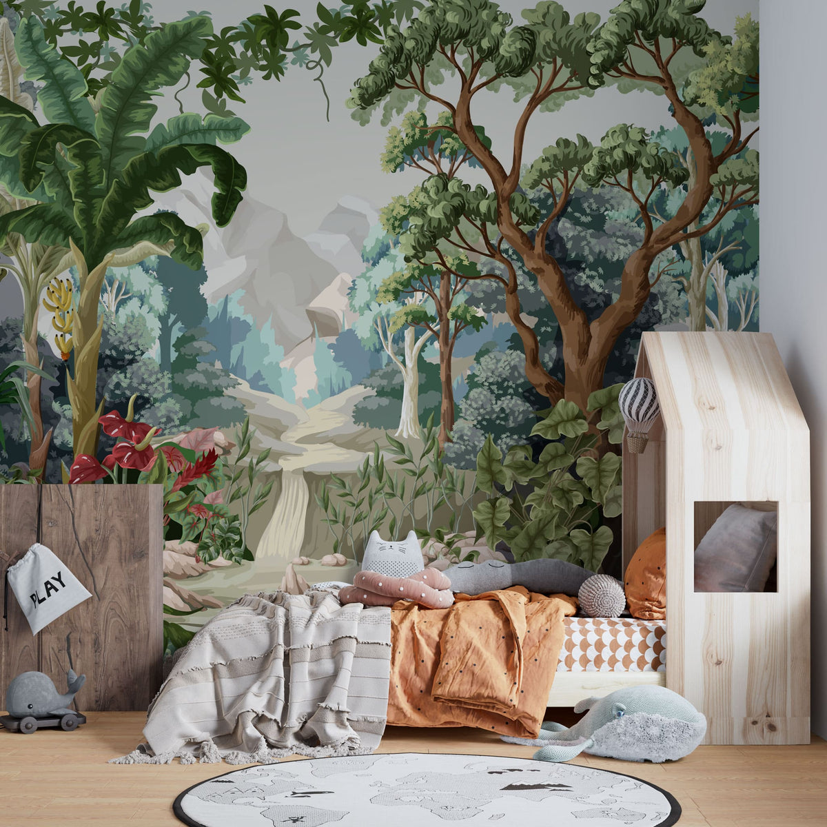 Tapet personalizat jungla amazoniana pentru copii cu peisaj montan si vegetatie tropicala mountain vegetation
