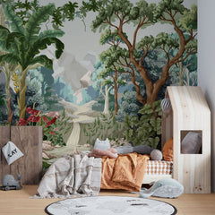 Tapet personalizat jungla amazoniana pentru copii cu peisaj montan si vegetatie tropicala mountain vegetation
