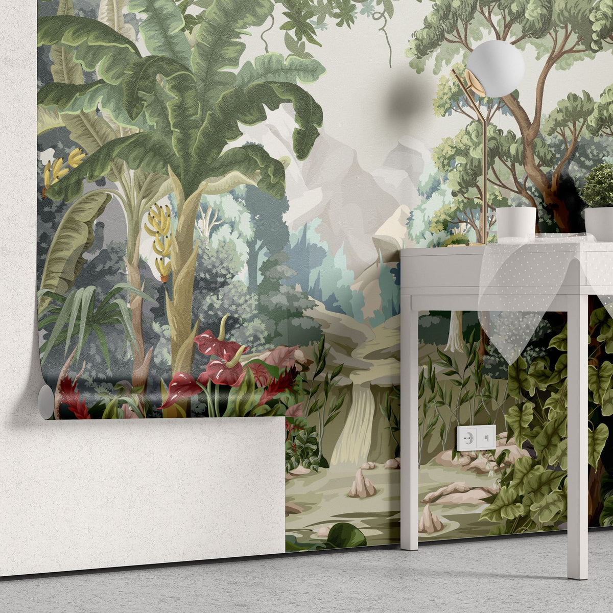 Tapet personalizat jungla amazoniana pentru copii cu peisaj montan si vegetatie tropicala mountain vegetation