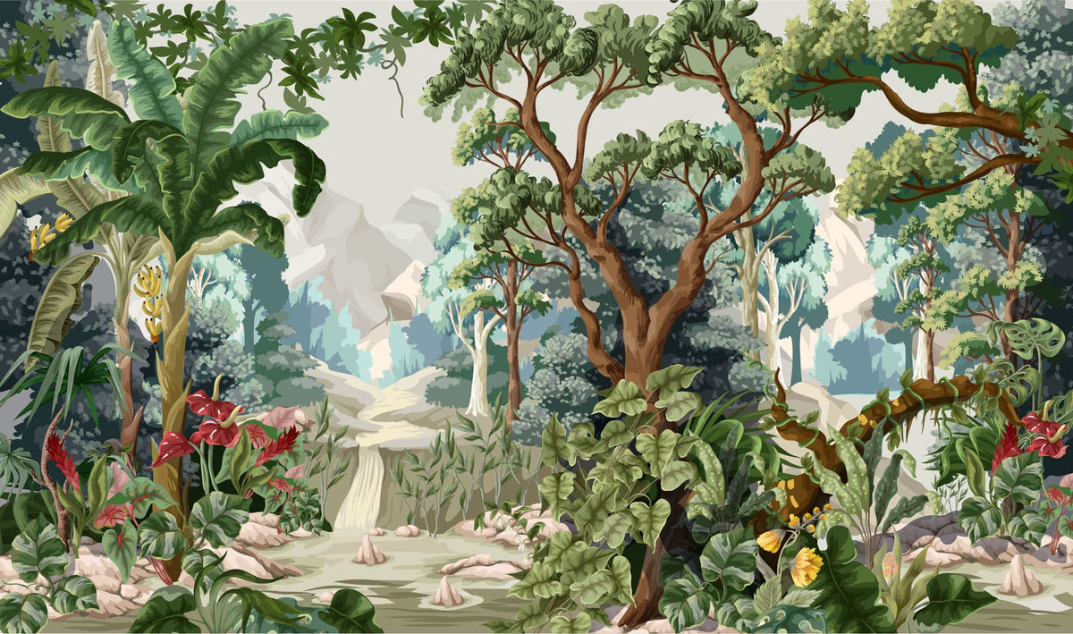 Tapet personalizat jungla amazoniana pentru copii cu peisaj montan si vegetatie tropicala mountain vegetation