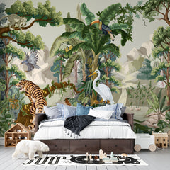 Tapet personalizat jungla amazoniana pentru copii cu peisaj montan si vegetatie tropicala si animale exotice printre care berze tigrii leoparzi si pasari exotice mountain animal vegetation