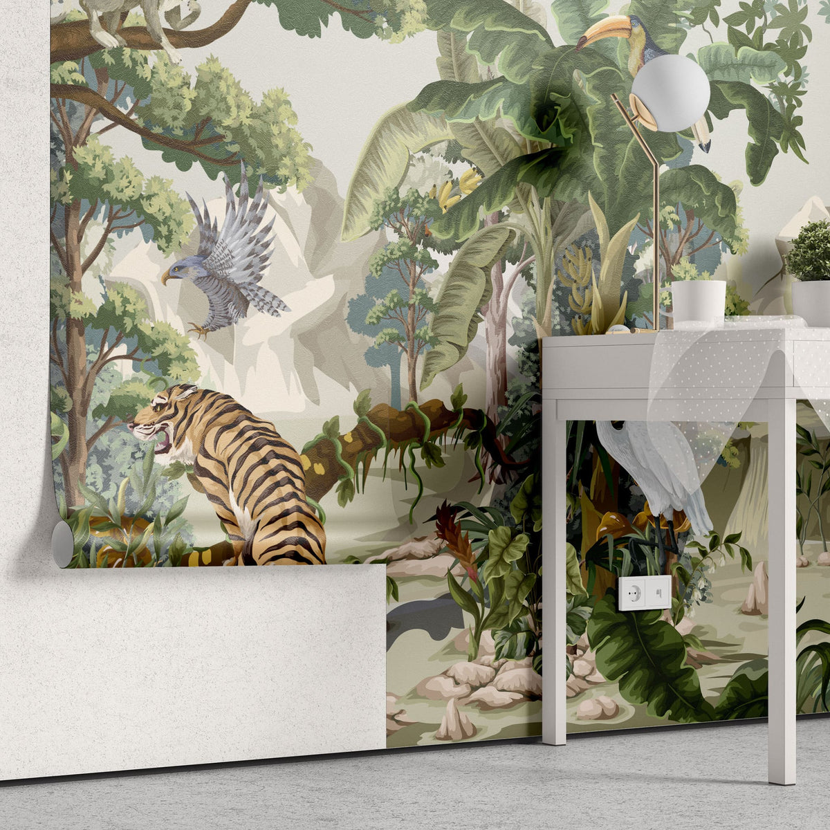 Tapet personalizat jungla amazoniana pentru copii cu peisaj montan si vegetatie tropicala si animale exotice printre care berze tigrii leoparzi si pasari exotice mountain animal vegetation