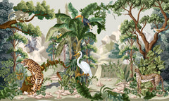 Tapet personalizat jungla amazoniana pentru copii cu peisaj montan si vegetatie tropicala si animale exotice printre care berze tigrii leoparzi si pasari exotice mountain animal vegetation
