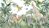 Tapet personalizat jungla amazoniana pentru copii cu vegetatie tropicala si animale exotice printre care girafe zebre lei elefanti maimute fluturi si papagali colorati pe fundal alb lion's den