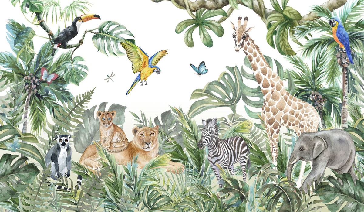 Tapet personalizat jungla amazoniana pentru copii cu vegetatie tropicala si animale exotice printre care girafe zebre lei elefanti maimute fluturi si papagali colorati pe fundal alb lion's den