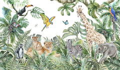 Tapet personalizat jungla amazoniana pentru copii cu vegetatie tropicala si animale exotice printre care girafe zebre lei elefanti maimute fluturi si papagali colorati pe fundal alb lion's den