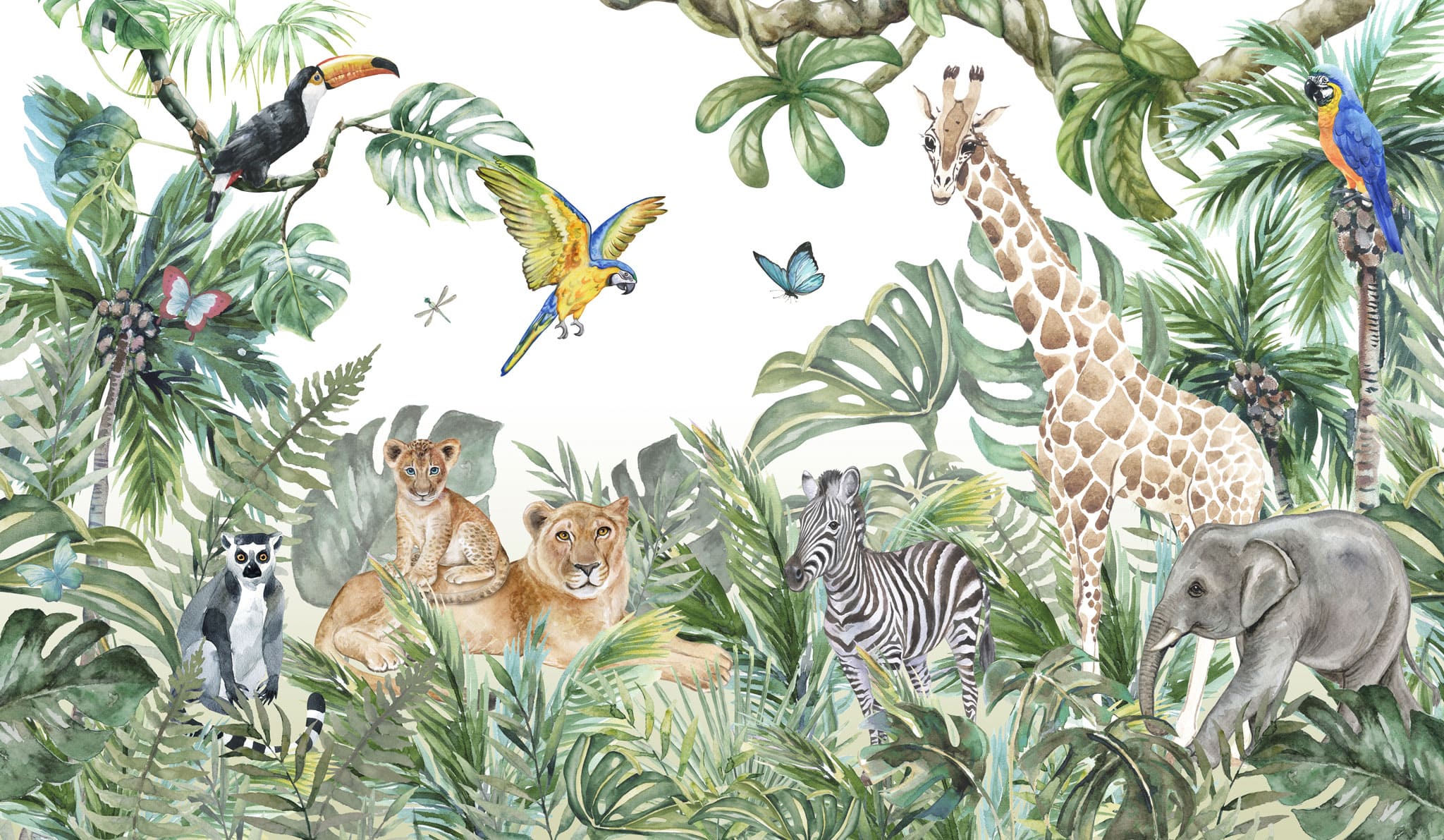Tapet personalizat jungla amazoniana pentru copii cu vegetatie tropicala si animale exotice printre care girafe zebre lei elefanti maimute fluturi si papagali colorati pe fundal alb lion's den
