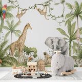 Tapet personalizat jungla amazoniana pentru copii cu vegetatie tropicala si animale exotice printre care girafe maimute papagali elefanti amazonian family