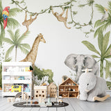 Tapet personalizat jungla amazoniana pentru copii cu vegetatie tropicala si animale exotice printre care girafe maimute papagali elefanti amazonian family