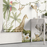 Tapet personalizat jungla amazoniana pentru copii cu vegetatie tropicala si animale exotice printre care girafe maimute papagali elefanti amazonian family