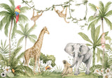 Tapet personalizat jungla amazoniana pentru copii cu vegetatie tropicala si animale exotice printre care girafe maimute papagali elefanti amazonian family