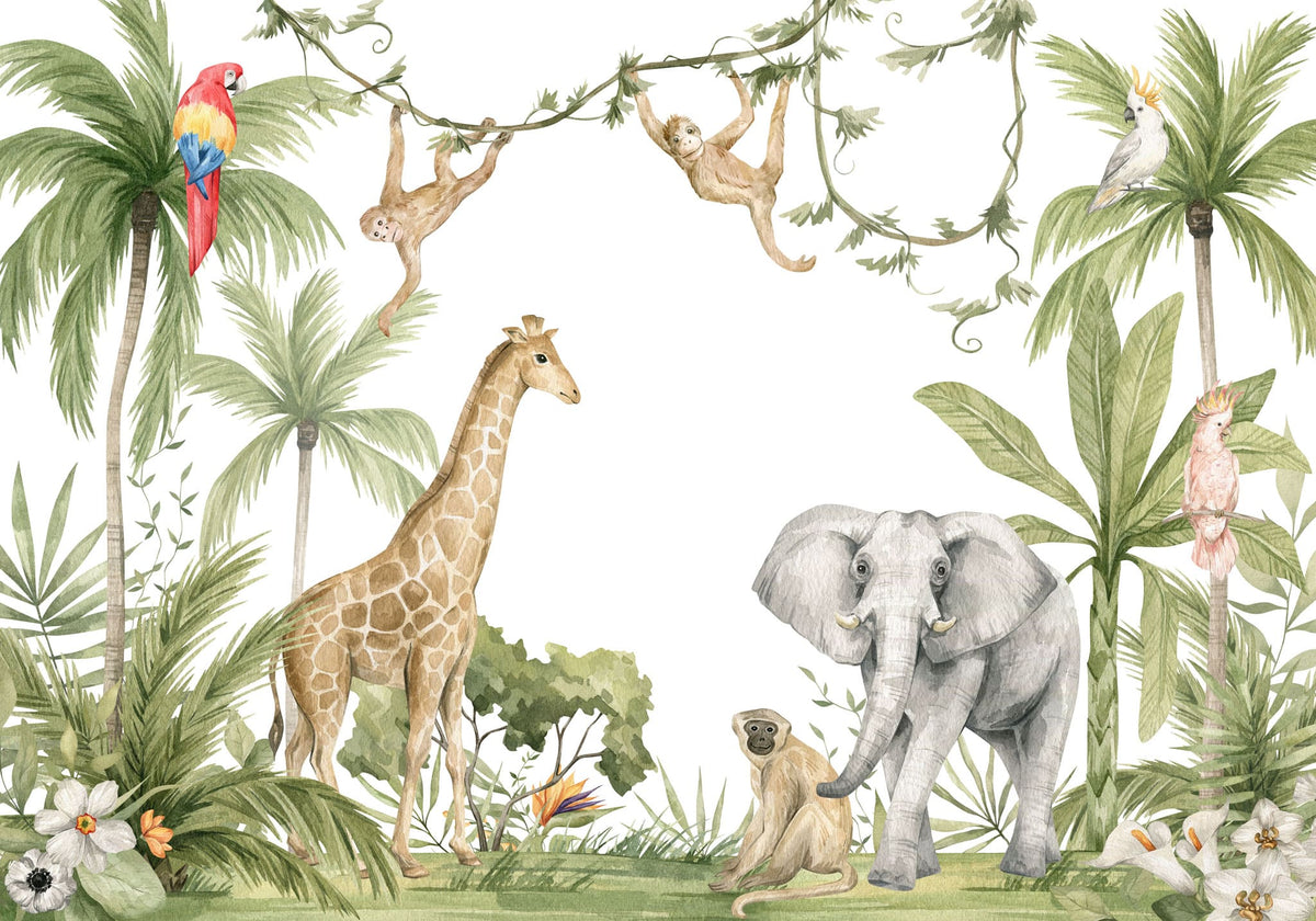 Tapet personalizat jungla amazoniana pentru copii cu vegetatie tropicala si animale exotice printre care girafe maimute papagali elefanti amazonian family