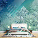 Tapet personalizat jungla amazoniana pentru copii cu elemente abstracte din jungla in stil de ilustratie in creion in nuante de albastru blue jungle