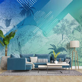 Tapet personalizat jungla amazoniana pentru copii cu elemente abstracte din jungla in stil de ilustratie in creion in nuante de albastru blue jungle