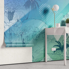 Tapet personalizat jungla amazoniana pentru copii cu elemente abstracte din jungla in stil de ilustratie in creion in nuante de albastru blue jungle