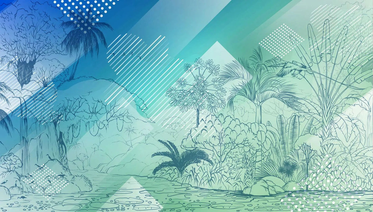 Tapet personalizat jungla amazoniana pentru copii cu elemente abstracte din jungla in stil de ilustratie in creion in nuante de albastru blue jungle
