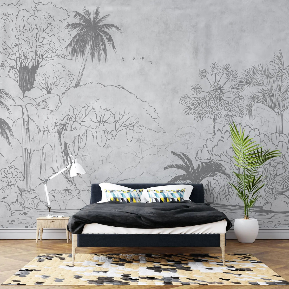 Tapet personalizat jungla amazoniana pentru copii cu elemente din jungla in stil de ilustratie in creion in nuante de gri sketch jungle grey