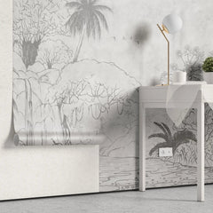 Tapet personalizat jungla amazoniana pentru copii cu elemente din jungla in stil de ilustratie in creion in nuante de gri sketch jungle grey