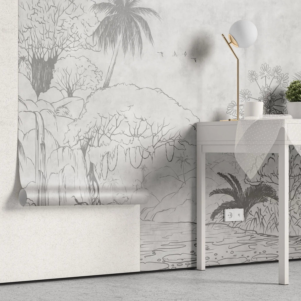 Tapet personalizat jungla amazoniana pentru copii cu elemente din jungla in stil de ilustratie in creion in nuante de gri sketch jungle grey