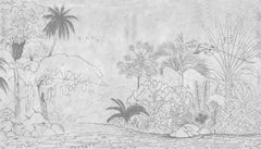 Tapet personalizat jungla amazoniana pentru copii cu elemente din jungla in stil de ilustratie in creion in nuante de gri sketch jungle grey