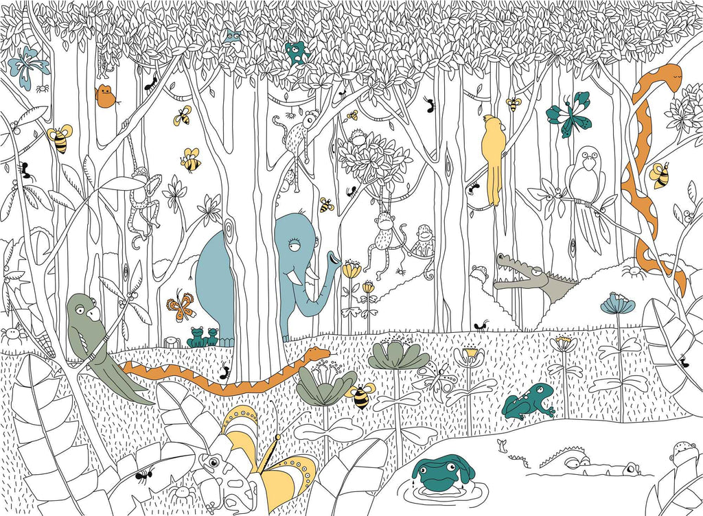 Tapet personalizat jungla amazoniana pentru copii cu animale si copaci din jungla ilustrate in creion de tip sketch  to be colored