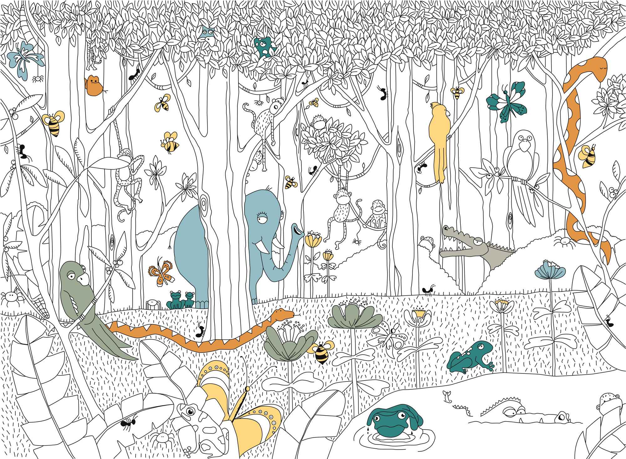 Tapet personalizat jungla amazoniana pentru copii cu animale si copaci din jungla ilustrate in creion de tip sketch  to be colored