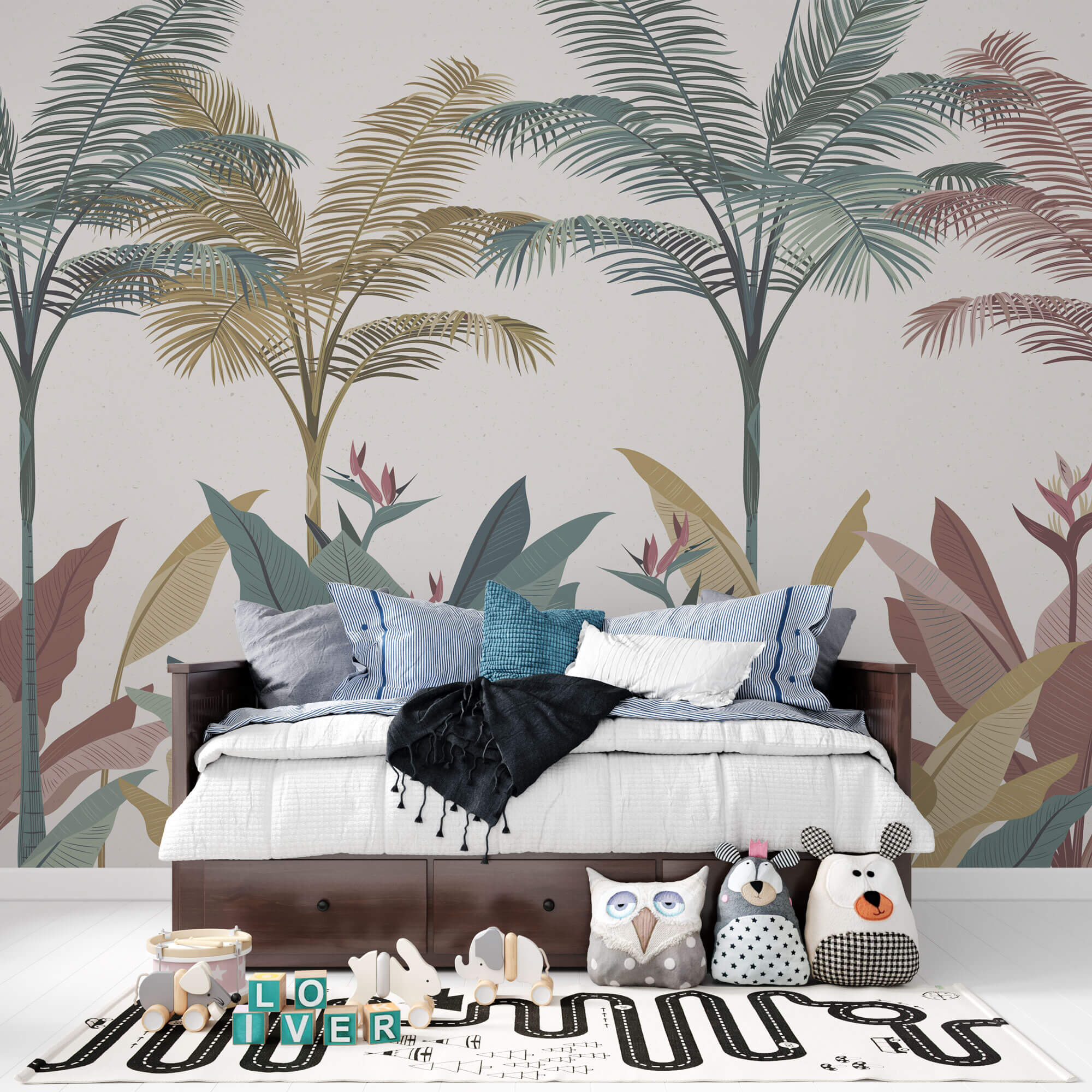 Tapet Personalizat Jungla Amazoniana cu palmieri tropicali in nuante pastel - PASTEL JUNGLE