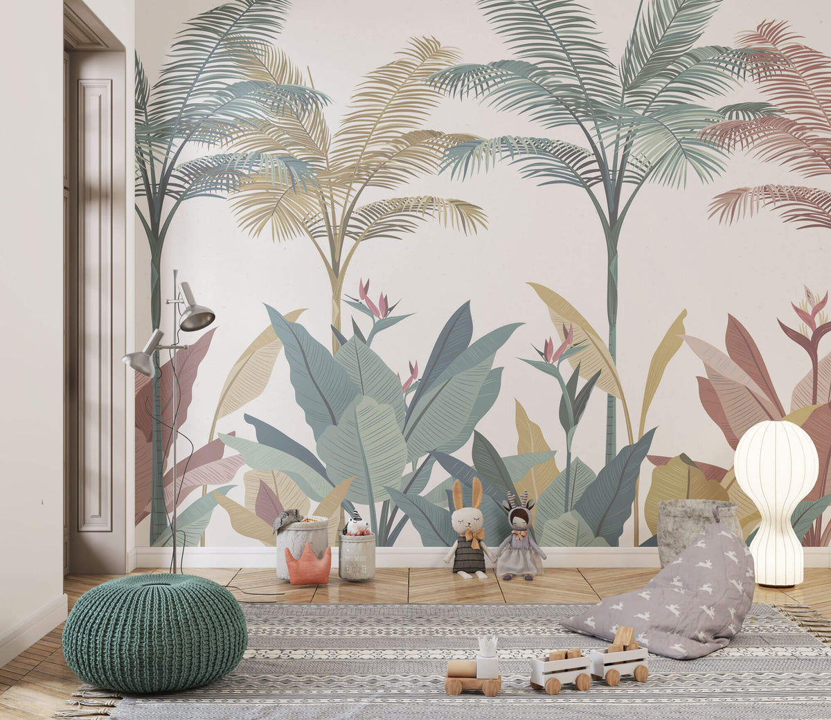 Tapet Personalizat Jungla Amazoniana cu palmieri tropicali in nuante pastel - PASTEL JUNGLE