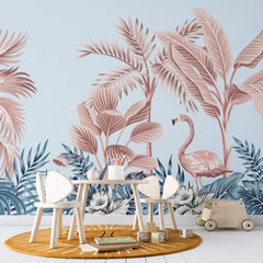 Tapet Personalizat Jungla Amazoniana cu palmieri si flamingo roz - PINK FLAMINGO LEAVES