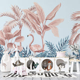 Tapet Personalizat Jungla Amazoniana cu palmieri si flamingo roz - PINK FLAMINGO LEAVES
