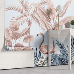 Tapet Personalizat Jungla Amazoniana cu palmieri si flamingo roz - PINK FLAMINGO LEAVES