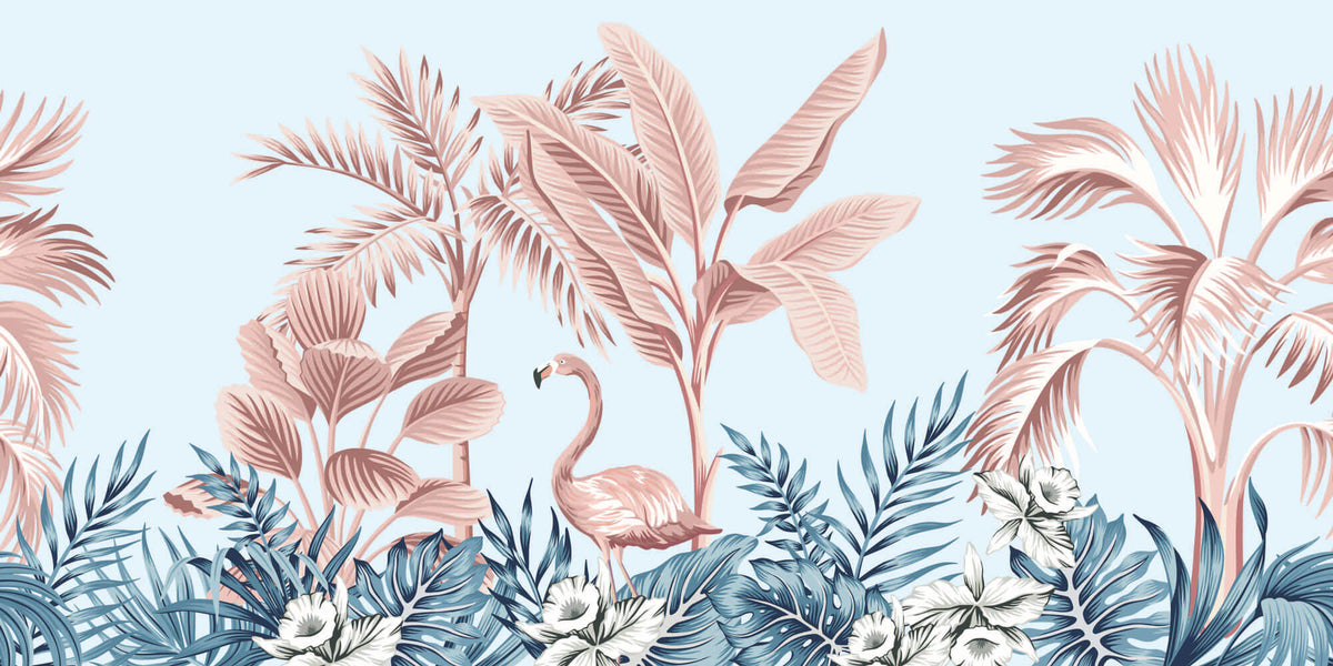 Tapet Personalizat Jungla Amazoniana cu palmieri si flamingo roz - PINK FLAMINGO LEAVES