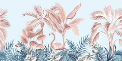 Tapet Personalizat Jungla Amazoniana cu palmieri si flamingo roz - PINK FLAMINGO LEAVES