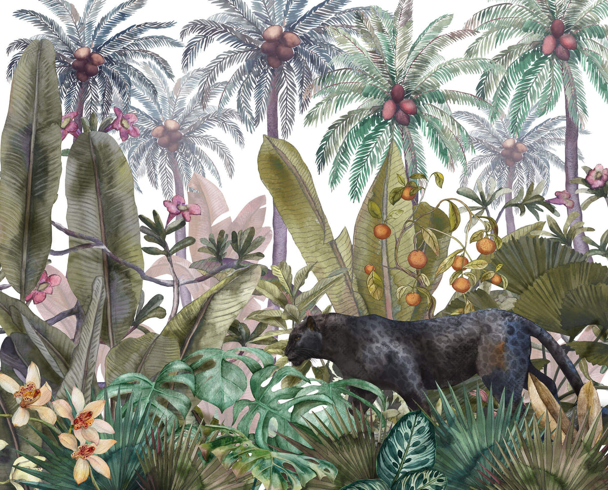 Tapet Personalizat Jungla Amazoniana cu ilustratie cu jungla cu copac de cocos si pantera neagra - BLACK PANTHER JUNGLE