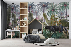 Tapet Personalizat Jungla Amazoniana cu ilustratie cu jungla cu copac de cocos si pantera neagra - BLACK PANTHER JUNGLE