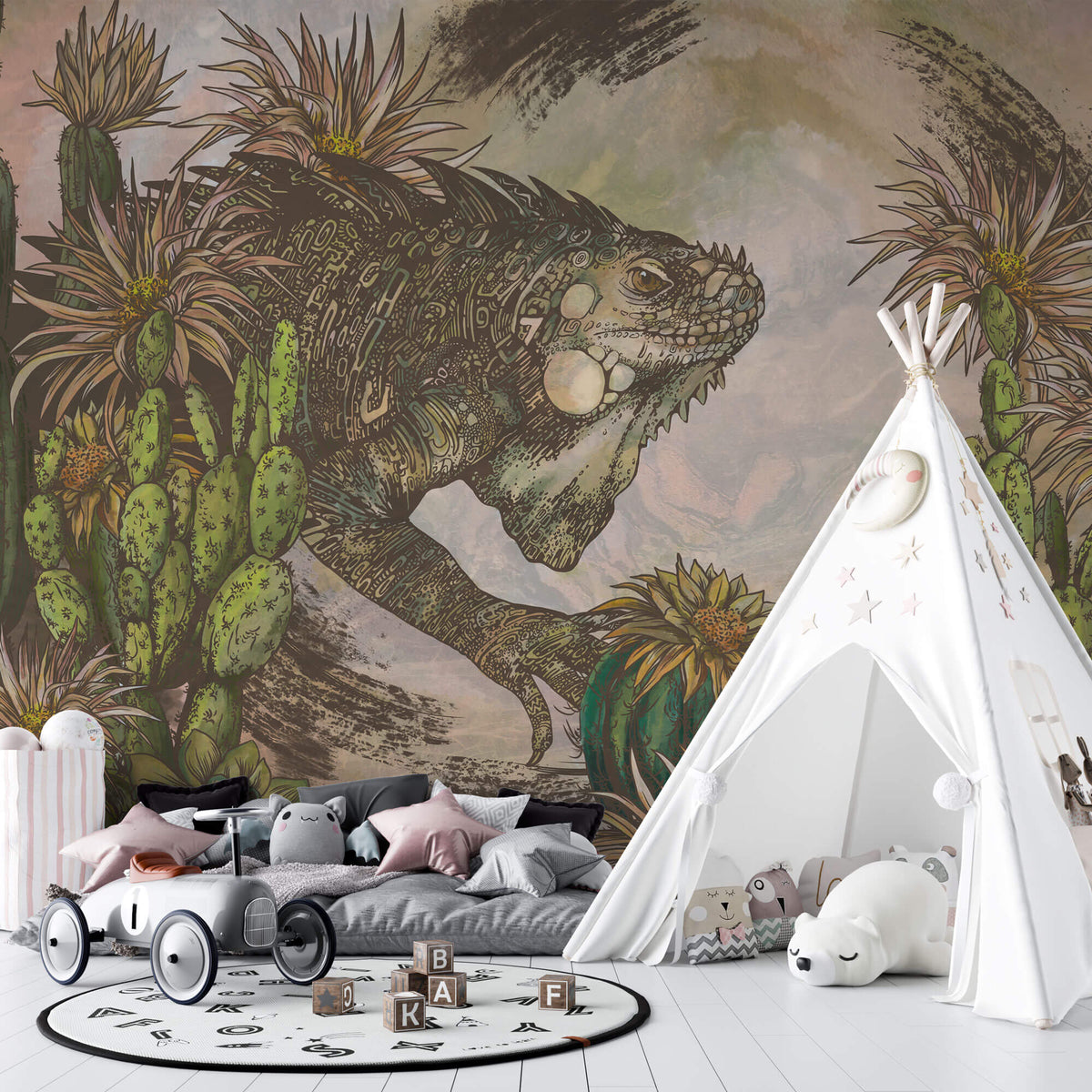 Tapet Personalizat Jungla Amazoniana cu reptila si cactusi in nuante de maro si verde - CACTUS LIZARD