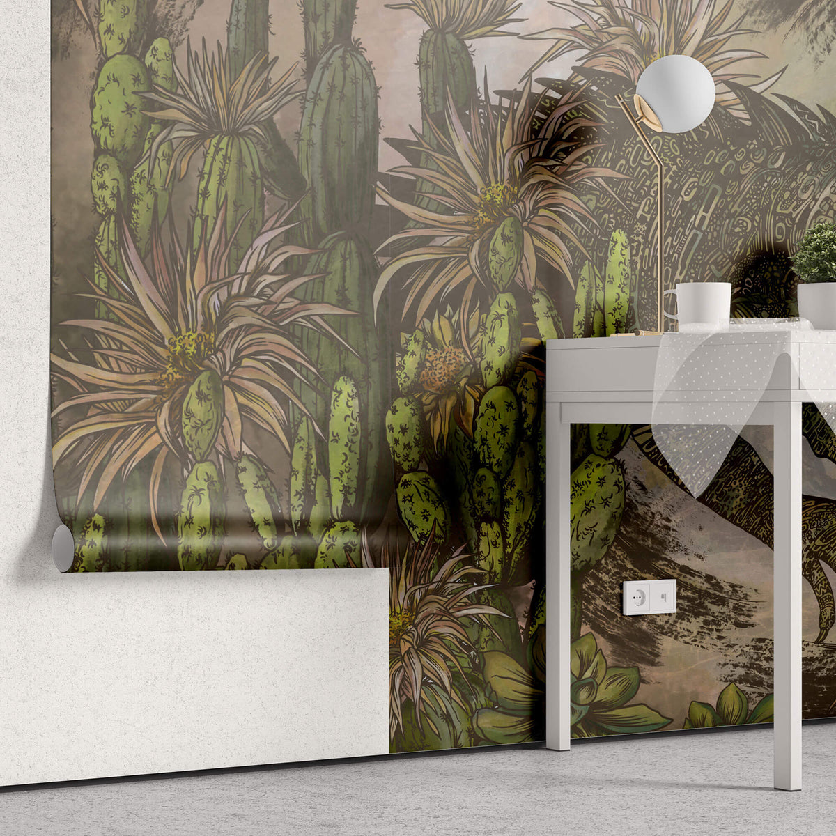 Tapet Personalizat Jungla Amazoniana cu reptila si cactusi in nuante de maro si verde - CACTUS LIZARD