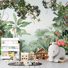 Tapet Personalizat Jungla Amazoniana cu liane vegetatie tropicala si flamingo roz - SURPRISE FLAMINGO