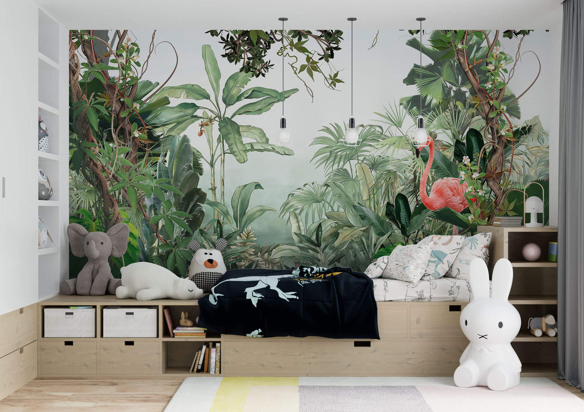 Tapet Personalizat Jungla Amazoniana cu liane vegetatie tropicala si flamingo roz - SURPRISE FLAMINGO