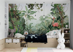 Tapet Personalizat Jungla Amazoniana cu liane vegetatie tropicala si flamingo roz - SURPRISE FLAMINGO