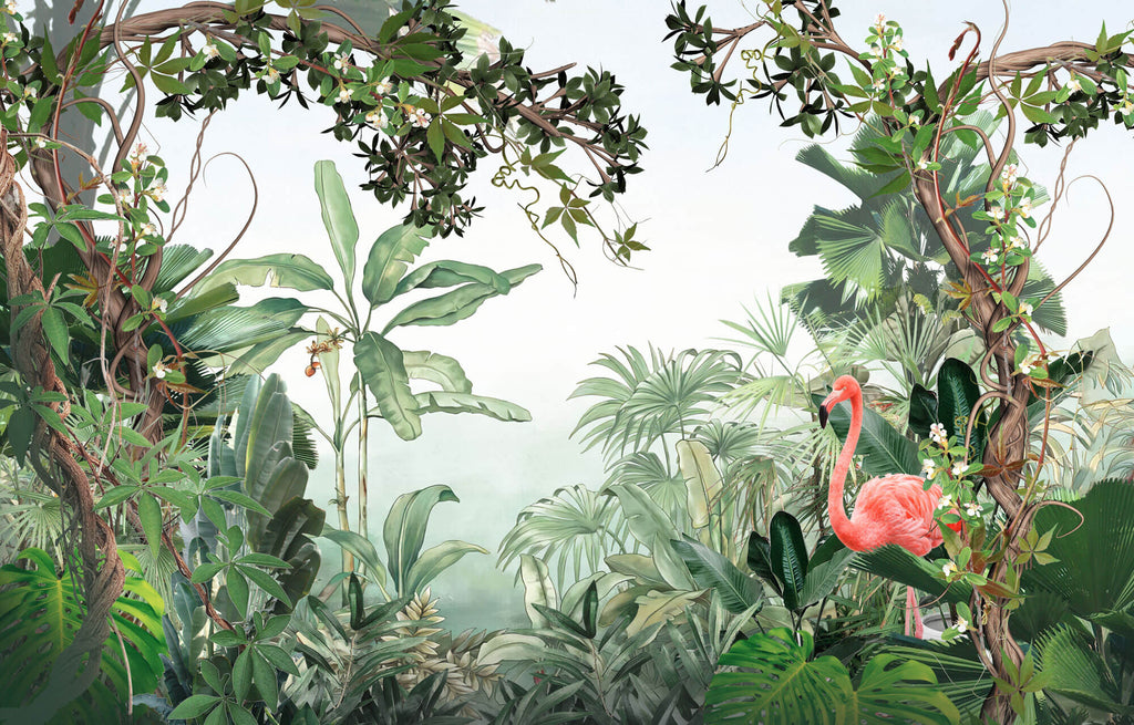 Tapet Personalizat Jungla Amazoniana cu liane vegetatie tropicala si flamingo roz - SURPRISE FLAMINGO