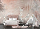 Tapet Personalizat Jungla Amazoniana cu jungla si girafe in nuante de roz - DUSTY PINK GIRAFFE