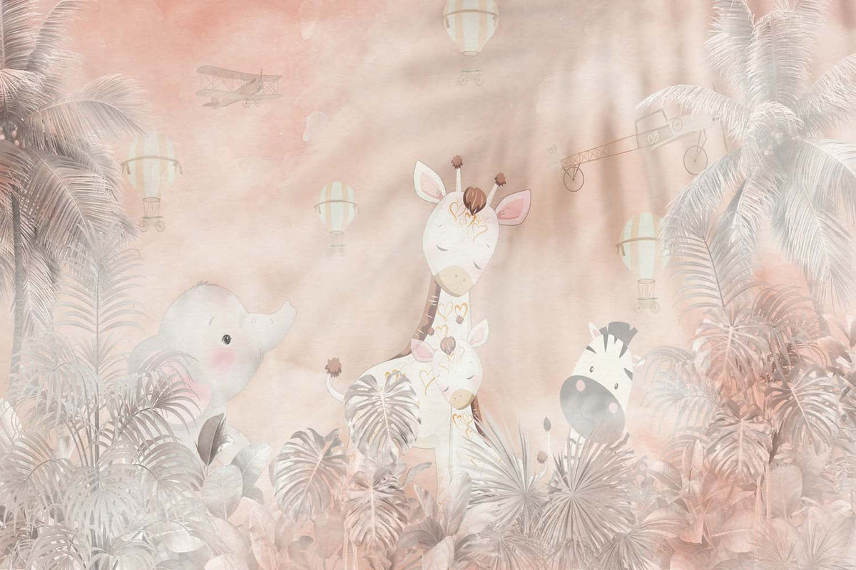 Tapet Personalizat Jungla Amazoniana cu jungla si girafe in nuante de roz - DUSTY PINK GIRAFFE