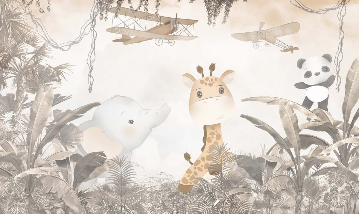 Tapet Personalizat Jungla Amazoniana cu animalute in jungla si avioane in nuante maronii - SEPIA ANIMAL JUNGLE