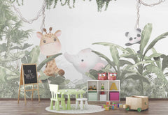 Tapet Personalizat Jungla Amazoniana cu animalute desenate ascunse in vegetatie - DENSE EXOTIC JUNGLE