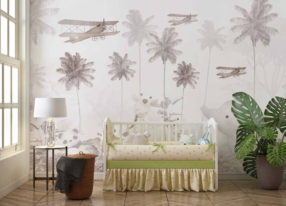 Tapet Personalizat Jungla Amazoniana cu palmieri inalti si avioane - BROWN PLANE JUNGLE