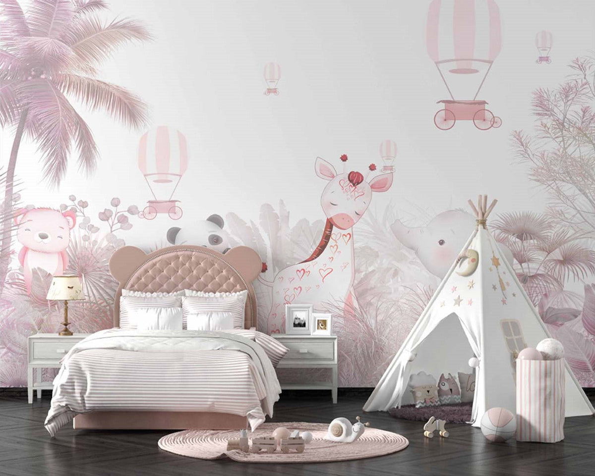 Tapet Personalizat Jungla Amazoniana cu jungla cu palmieri si vegetatie roz - PINK ANIMAL JUNGLE